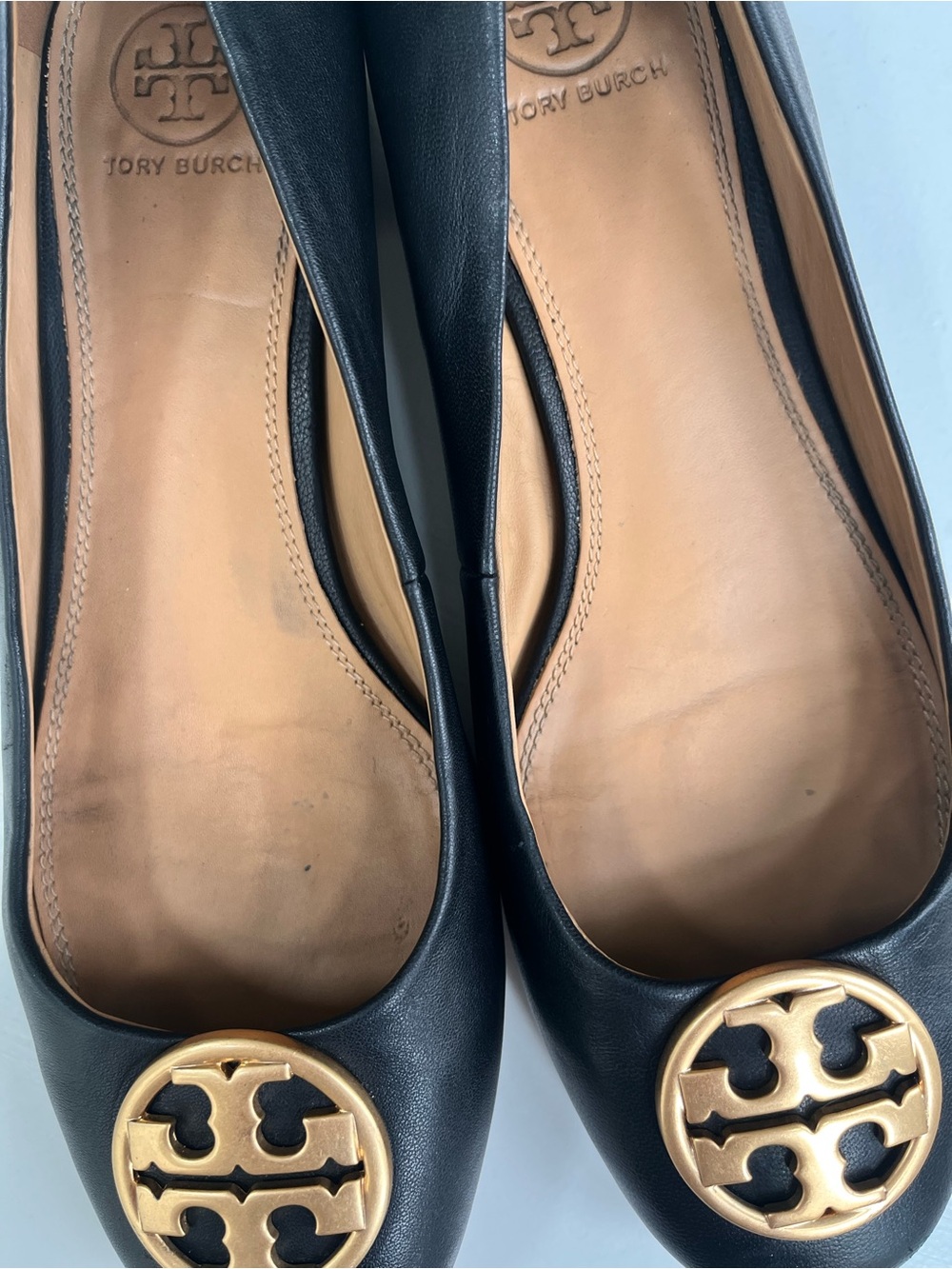 Tory Burch Black Leather Ballet Flats with Gold Logo Medallion - Picture 3 of 8
